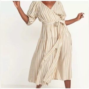 Waist defined stripe tie belt midi wrap dress by Old Navy.
